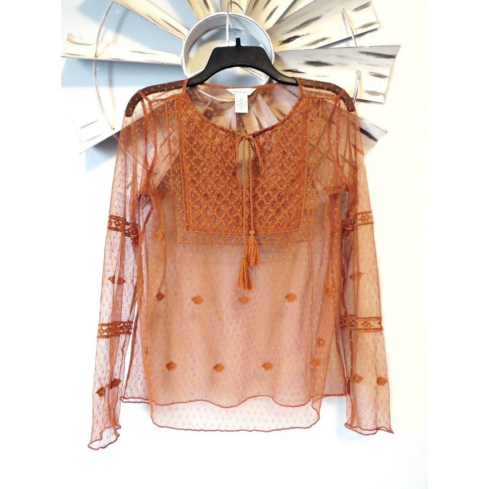 Sundance Rust Orange Embroidered Sheer Mesh Boho Blouse Tassel Top Small